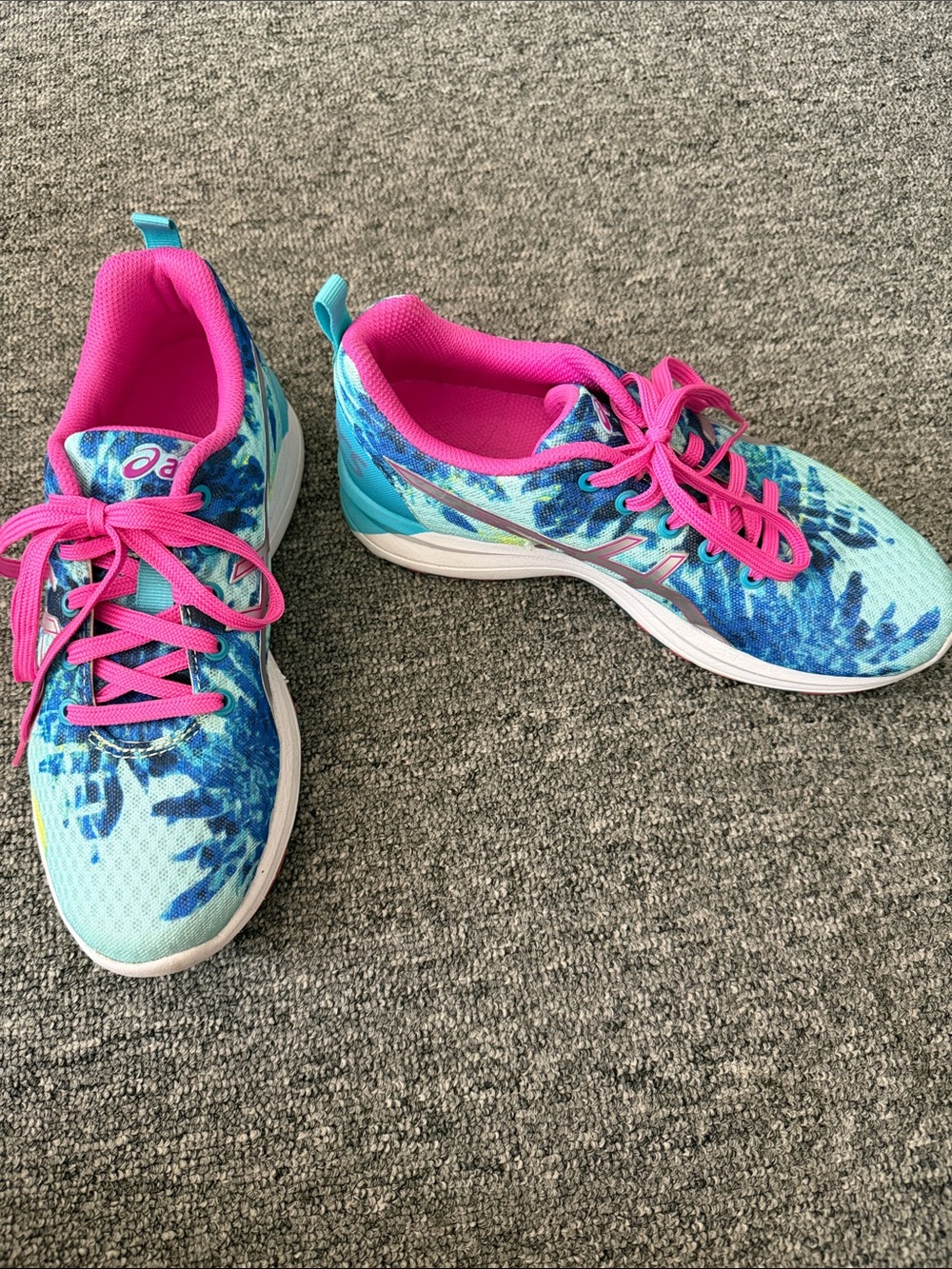 Asics Aqua Blue Floral Running Shoes with Pink Accents